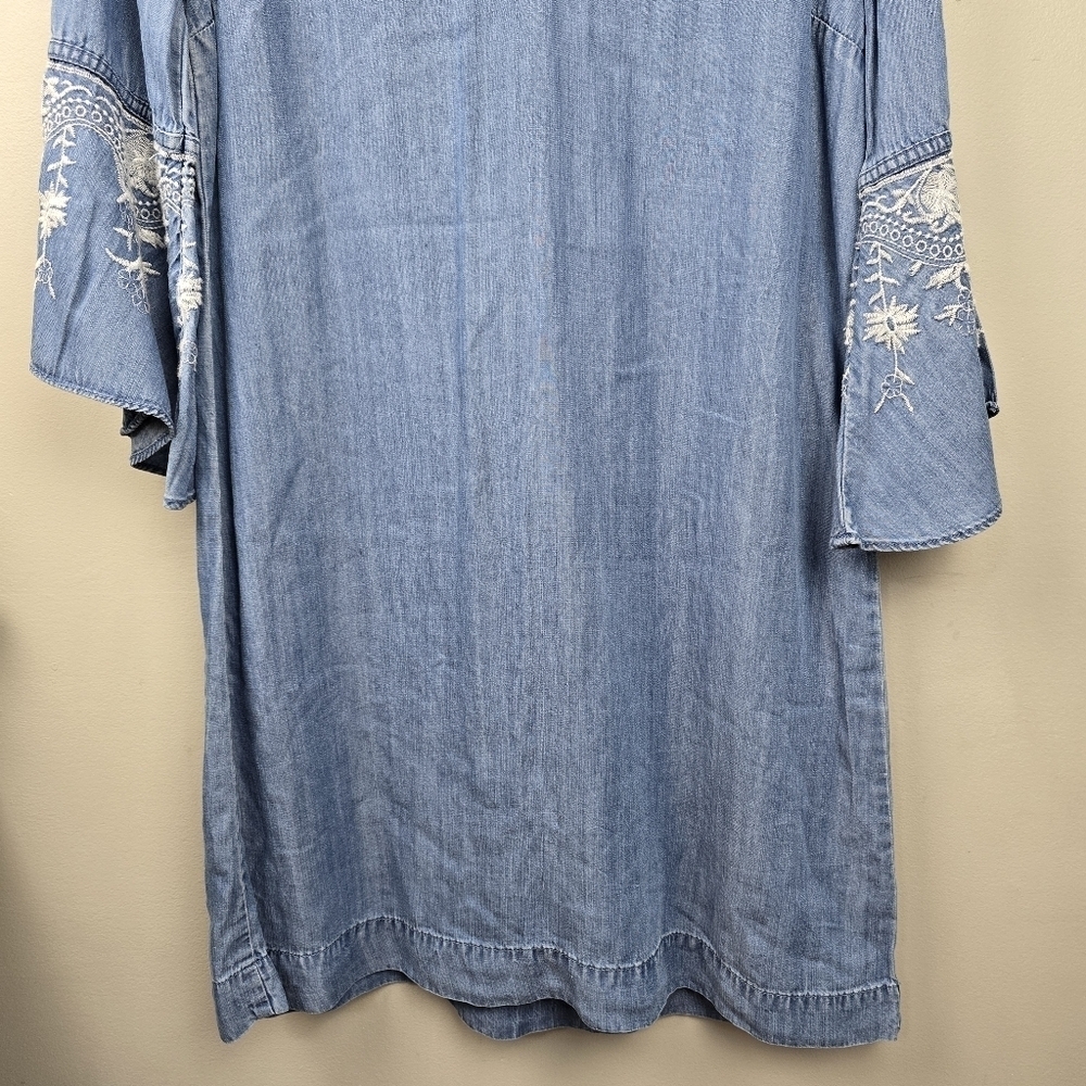 Coastal Western Short Denim Dress Embroidered Ruffle Flared Sleeve Womens Sz M - Picture 4 of 13